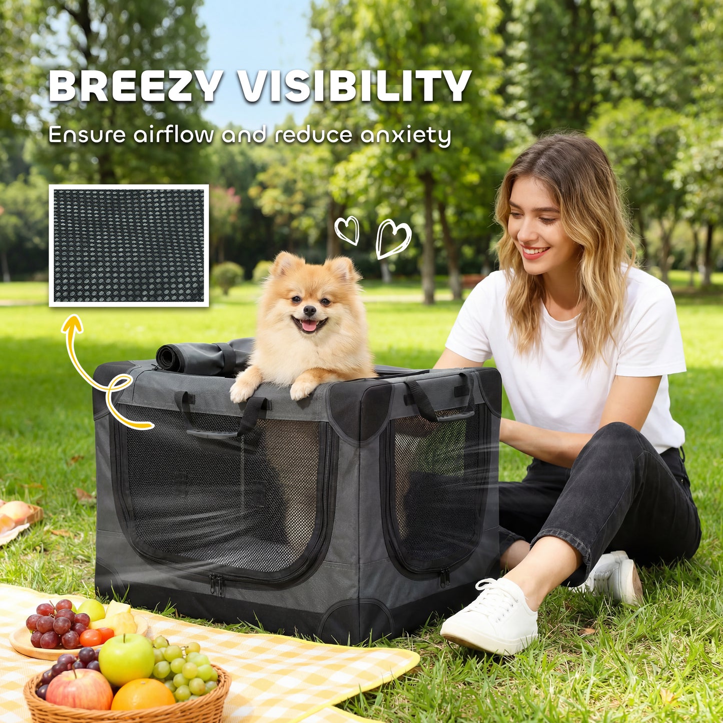 Soft Dog Crate Pet Travel Crate 60 x 42 x 43 cm with Removable Pad Mesh Window Army Green