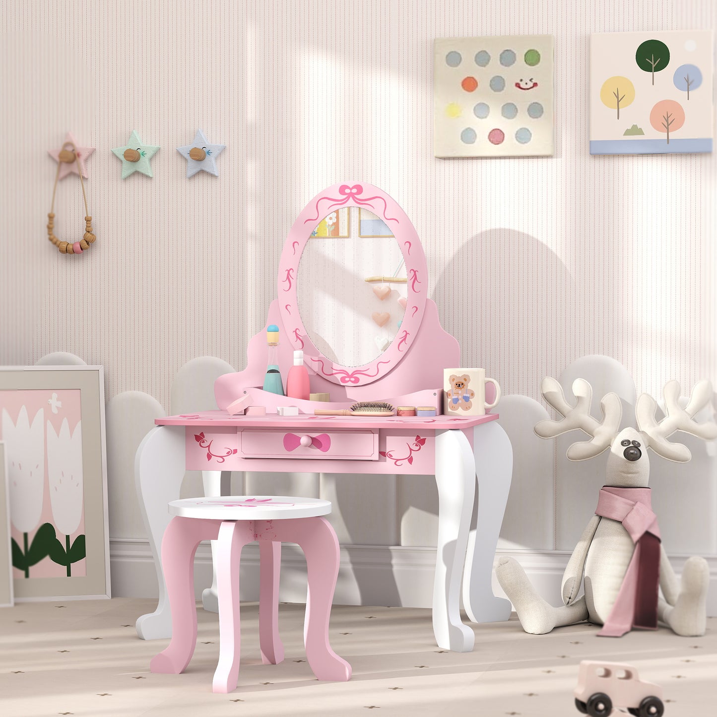 Kids Dressing Table Set, Vanity Table with Stool, Mirror, Drawer, Desktop, Storage, Ballet-Theme, Pink