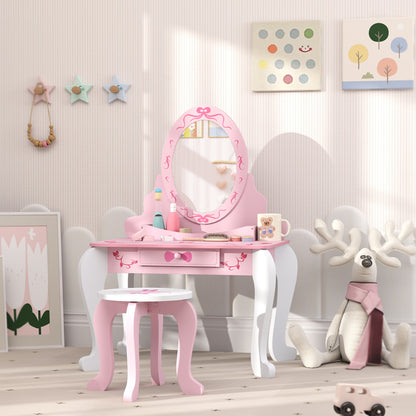 Kids Dressing Table Set, Vanity Table with Stool, Mirror, Drawer, Desktop, Storage, Ballet-Theme, Pink