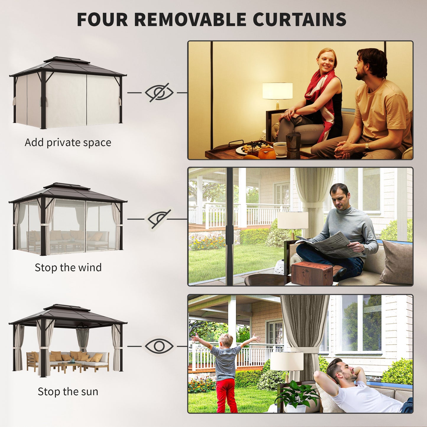 3 x 4m Hardtop Gazebo Canopy with UPF30+ Double Polycarbonate Roof, Aluminium Frame Garden Gazebo Permanent Pavilion