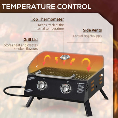 2 Burner Gas BBQ Grill, 5.8 kW Outdoor Portable Folding Tabletop Barbecue w/ Lid, Thermometer, Carbon Steel, Black