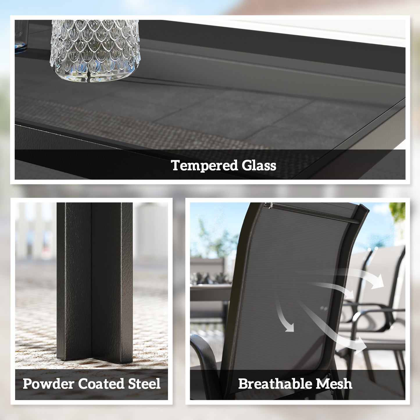 9 Pieces Garden Dining Set, Outdoor Table and Chairs Set for 8, Garden Furniture Set with Tempered Glass Top, Black
