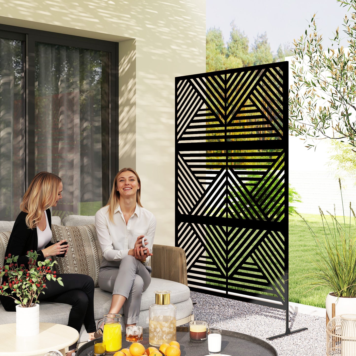 Decorative Garden Privacy Screen with Stand, 6.5FT Freestanding Metal Outdoor Divider