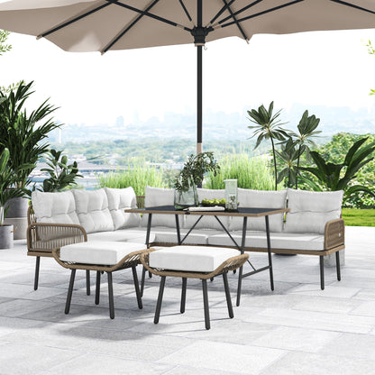 6 Piece Rattan Garden Furniture Set, 8 Seater Garden Corner Sofa with Cushions and Glass Top Table