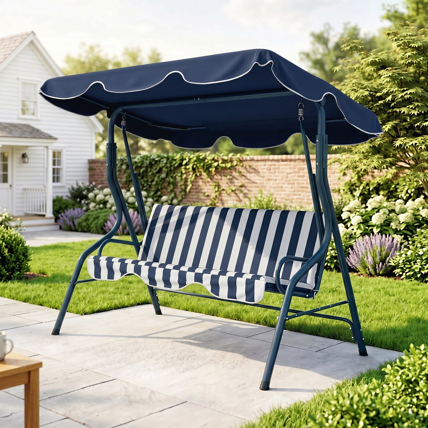 3 Seater Garden Swing Seat Chair Outdoor Bench with Adjustable Canopy and Metal Frame, Blue Stripes