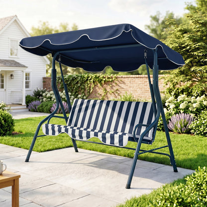 3 Seater Garden Swing Seat Chair Outdoor Bench with Adjustable Canopy and Metal Frame, Blue Stripes
