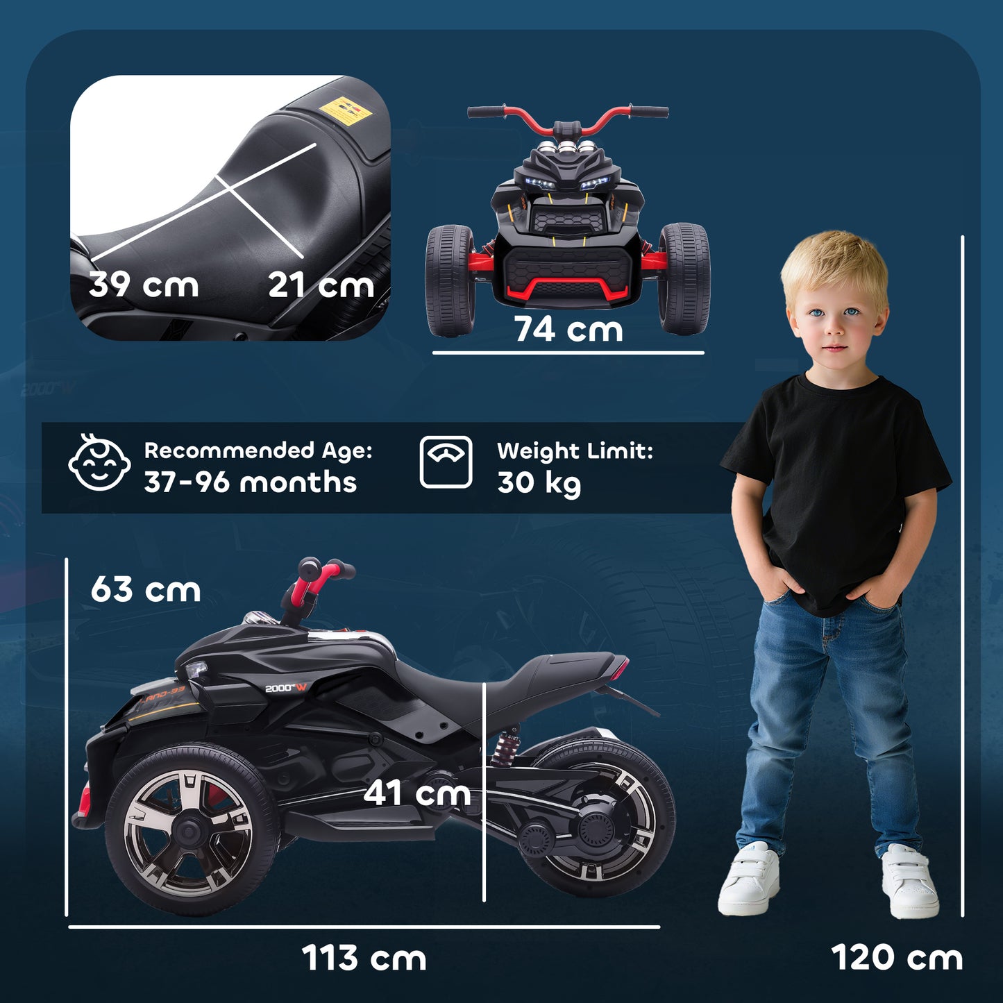 12V Kids Electric Ride On Car with 3 Wheeler, MP3 Player, Horn, 2 Speeds, LED Lights for Boys & Girls Ages 3-8, Black