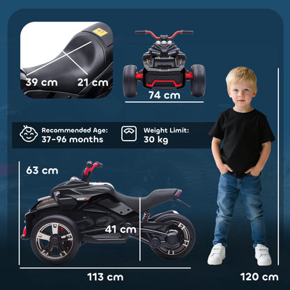 12V Kids Electric Ride On Car with 3 Wheeler, MP3 Player, Horn, 2 Speeds, LED Lights for Boys & Girls Ages 3-8, Black