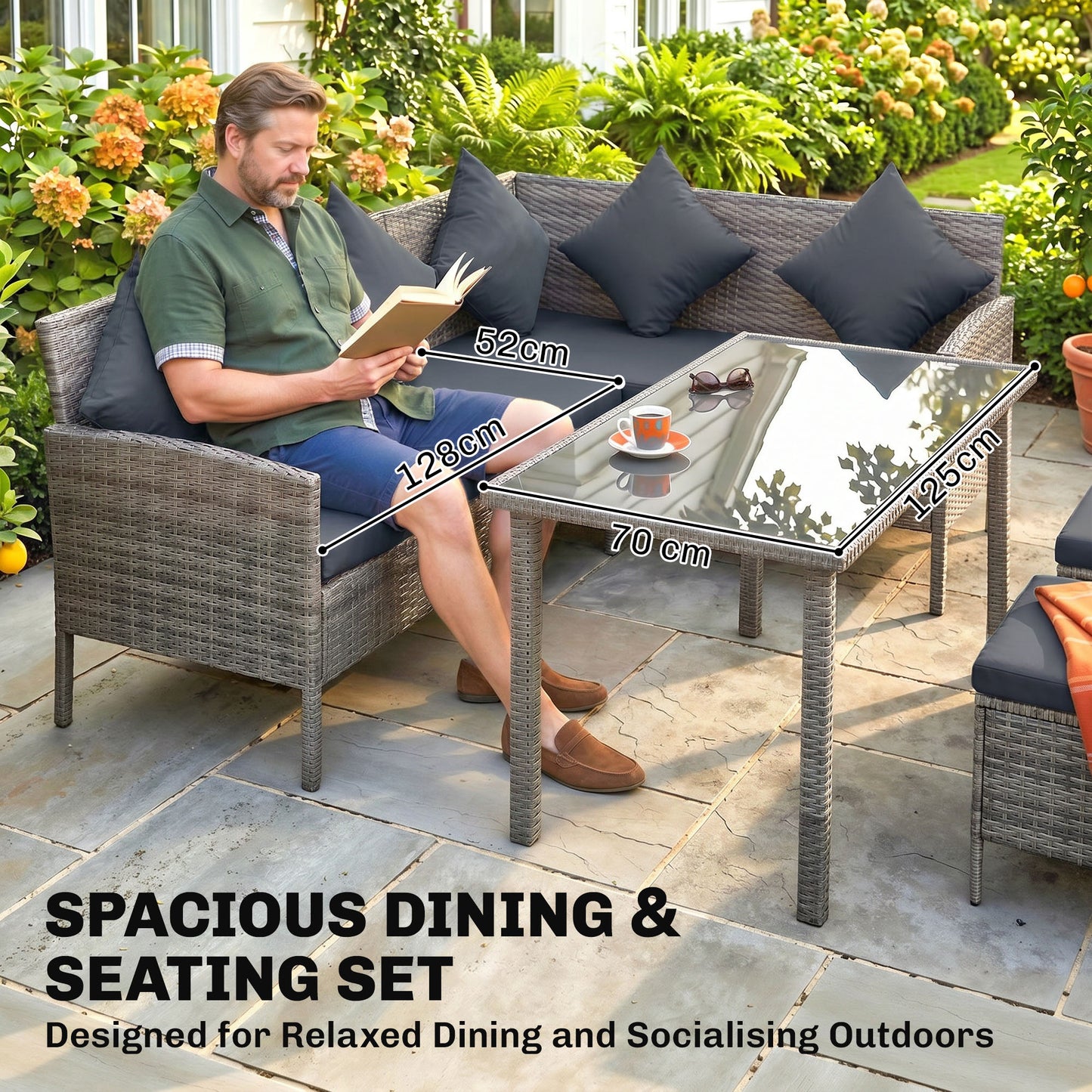 tsunny 6-Seater Rattan Dining Set Sofa Table Footstool Outdoor w/ Cushion Garden Furniture, Dark Grey