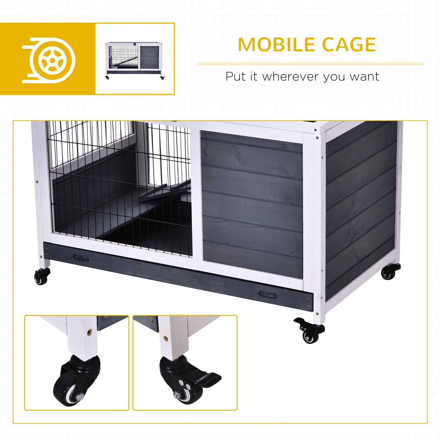 Wooden Guinea Pig Hutch, 2-Floor Bunny Cage w/ Enclosed Run Area, Grey