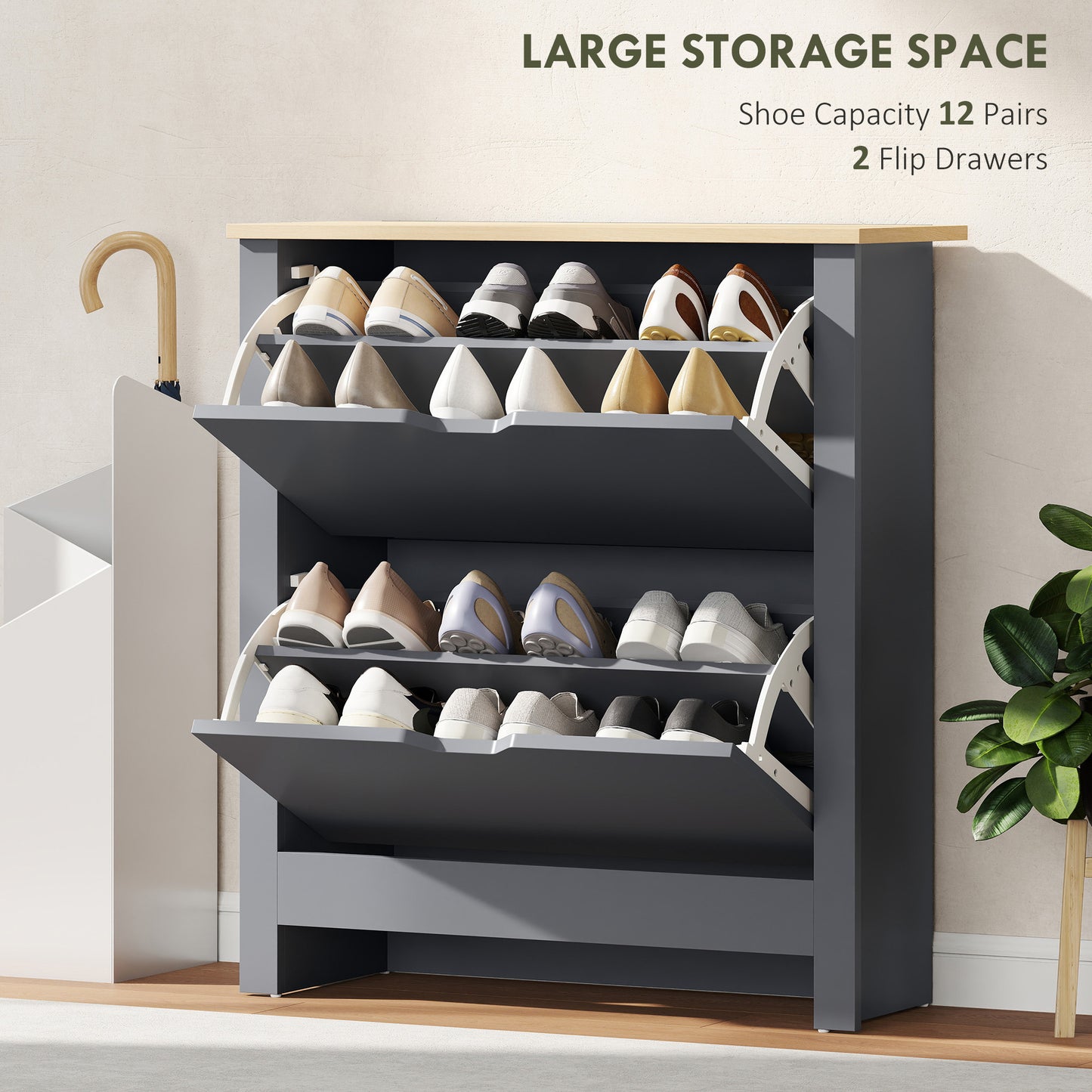 Slim Shoe Cabinet, Narrow Shoe Cupboard with 2 Flip Drawers, Adjustable Shelves for 12 Pairs of Shoes, Charcoal Grey