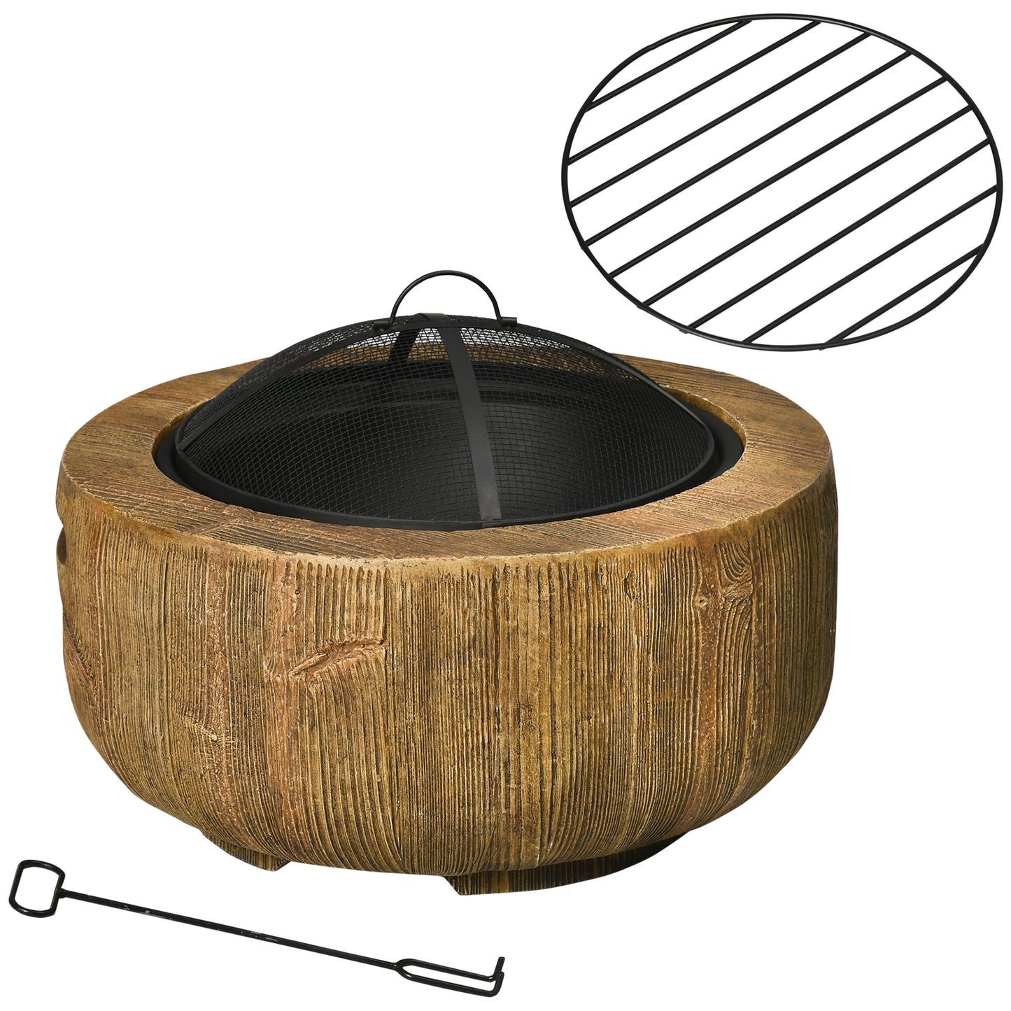 Outdoor Fire Pit, 61.5 cm Metal Wood Burning Fireplace with Spark Cover, Poker, Woodgrain Design
