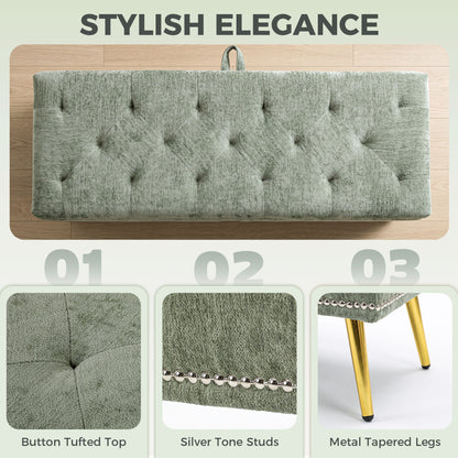 Storage Ottoman, Chenille Upholstered Ottoman Storage Box with Padded Seat, Metal Legs, 114 x 41 x 45 cm, Light Green