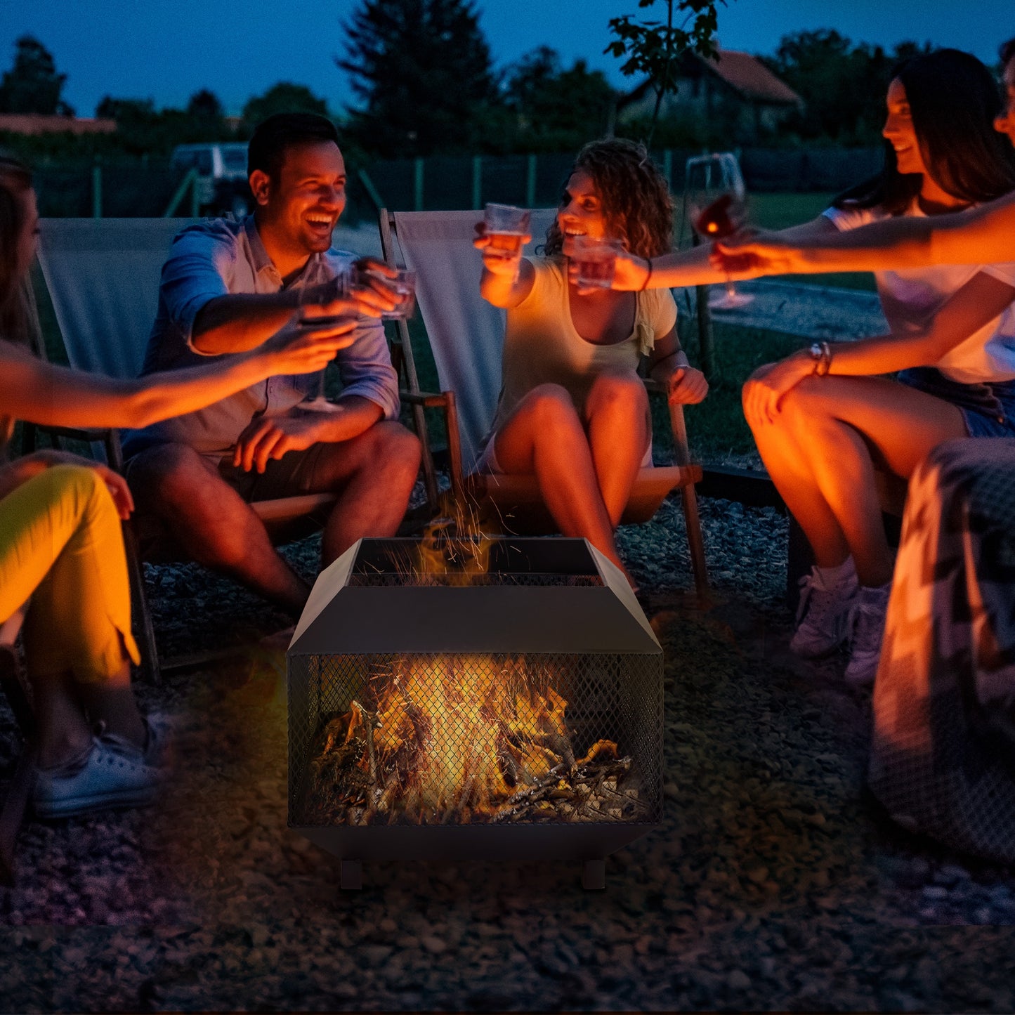 Metal Square Fire Pit Outdoor Mesh Firepit Brazier w/ Lid, Log Grate, Poker for Backyard, Camping, Bonfire