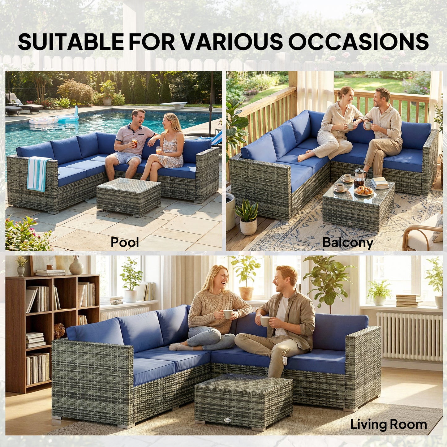 Four-Piece Rattan Sofa Set with 11 Cushions, Steal Frame, Blue