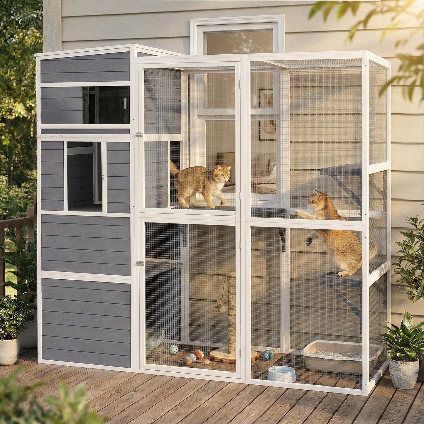 4-Tier Wooden Catio Cat Outdoor Enclosure with Sun Roof, Resting Rooms, 3 Platforms, Window Outdoor Indoor, Grey
