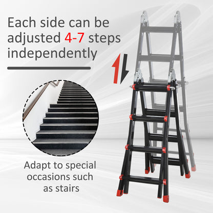 4M Aluminium Duo Ladder Telescopic Herringbone Changeable Multi-Purpose w/ Non-Slip Steps Climbing DIY Platform Portable Work