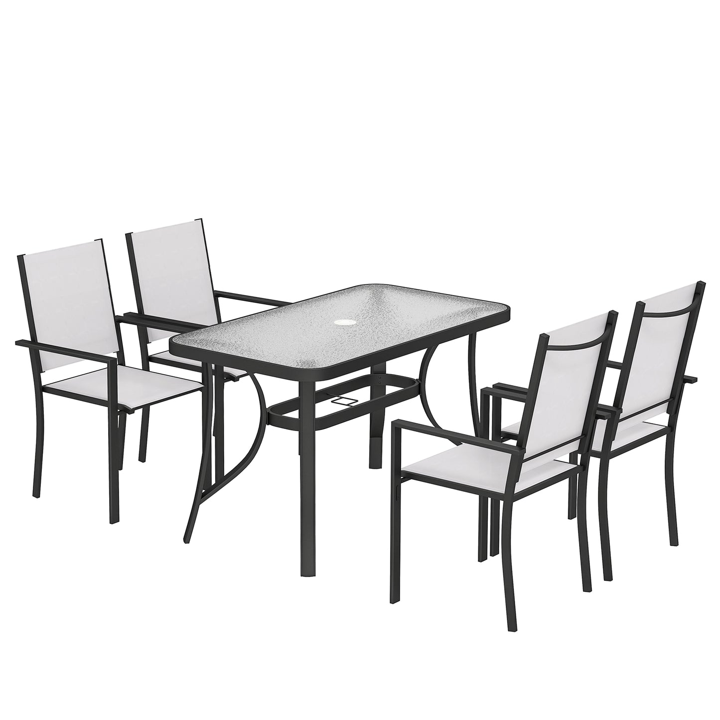 Garden Dining Set for 4 with Umbrella Hole, Stackable Chairs and Rectangular Glass-Top Outdoor Table, Light Grey
