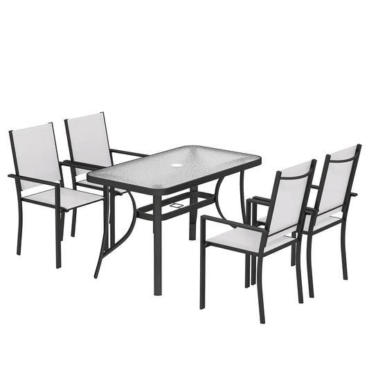 Garden Dining Set for 4 with Umbrella Hole, Stackable Chairs and Rectangular Glass-Top Outdoor Table, Light Grey