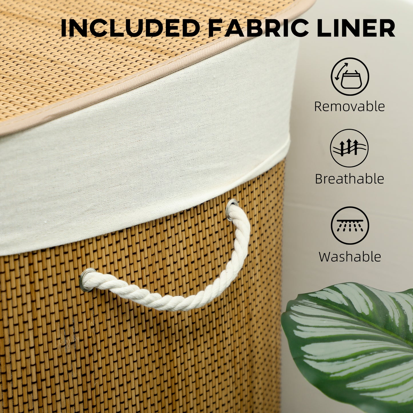 3 Section Laundry Basket with Lid, 144L Bamboo Laundry Hamper with Handles, Removable and Washable Liner, Brown