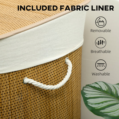 3 Section Laundry Basket with Lid, 144L Bamboo Laundry Hamper with Handles, Removable and Washable Liner, Brown