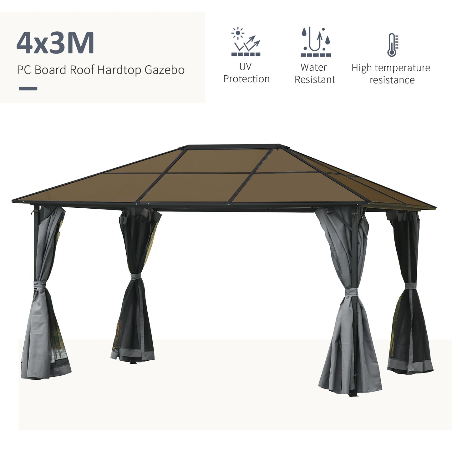 3 x 4m Hardtop Gazebo Canopy with Polycarbonate Roof, Aluminium Frame, Permanent Pavilion Garden Gazebo