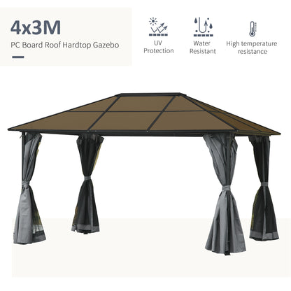 3 x 4m Hardtop Gazebo Canopy with Polycarbonate Roof, Aluminium Frame, Permanent Pavilion Garden Gazebo