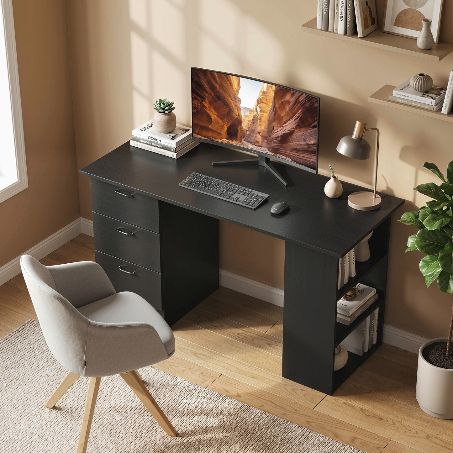 Computer Desk, Writing Table, PC Workstation with 3 Storage Shelves and Drawers, Handle, for Home Office, Black
