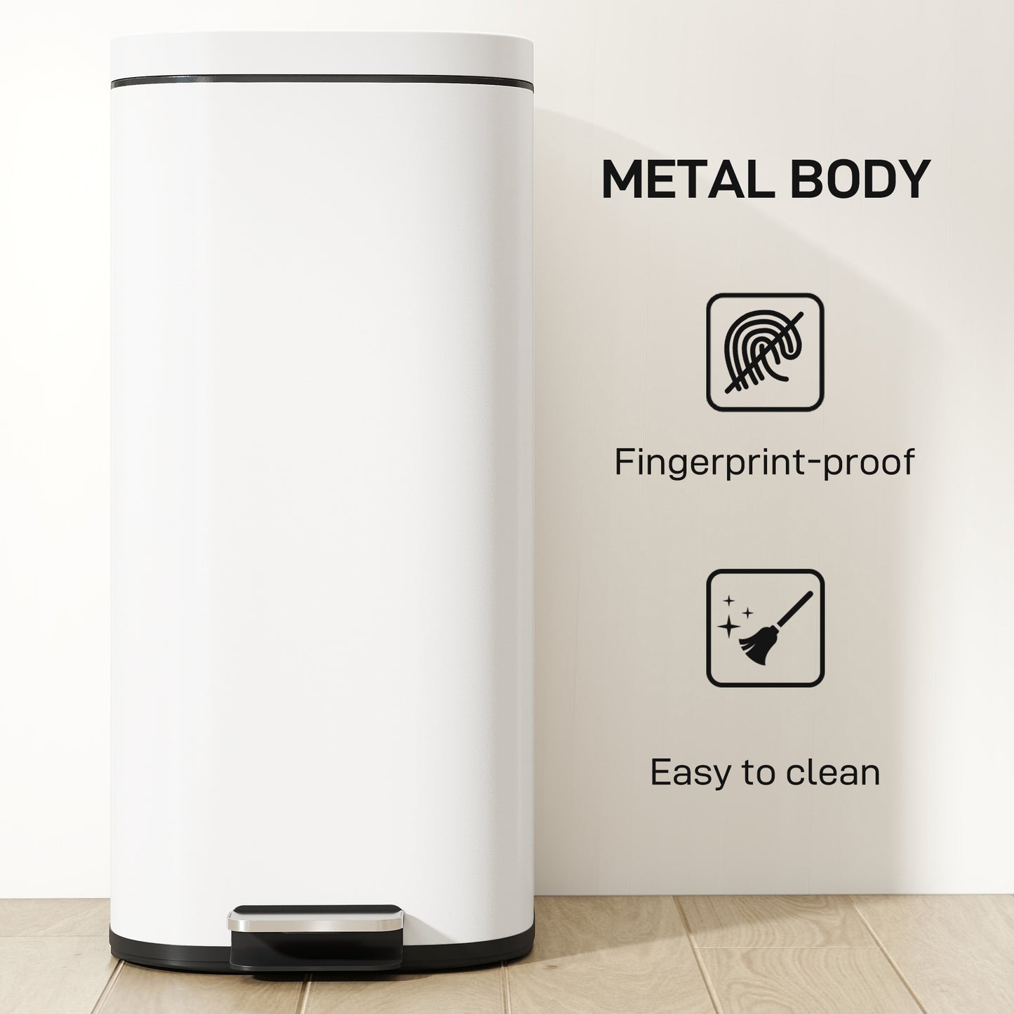 30L Kitchen Bin, Compact Pedal Bin with Soft-Close and Stay-Open Lid, Removable Bucket for Kitchen, Home, Office, Cream