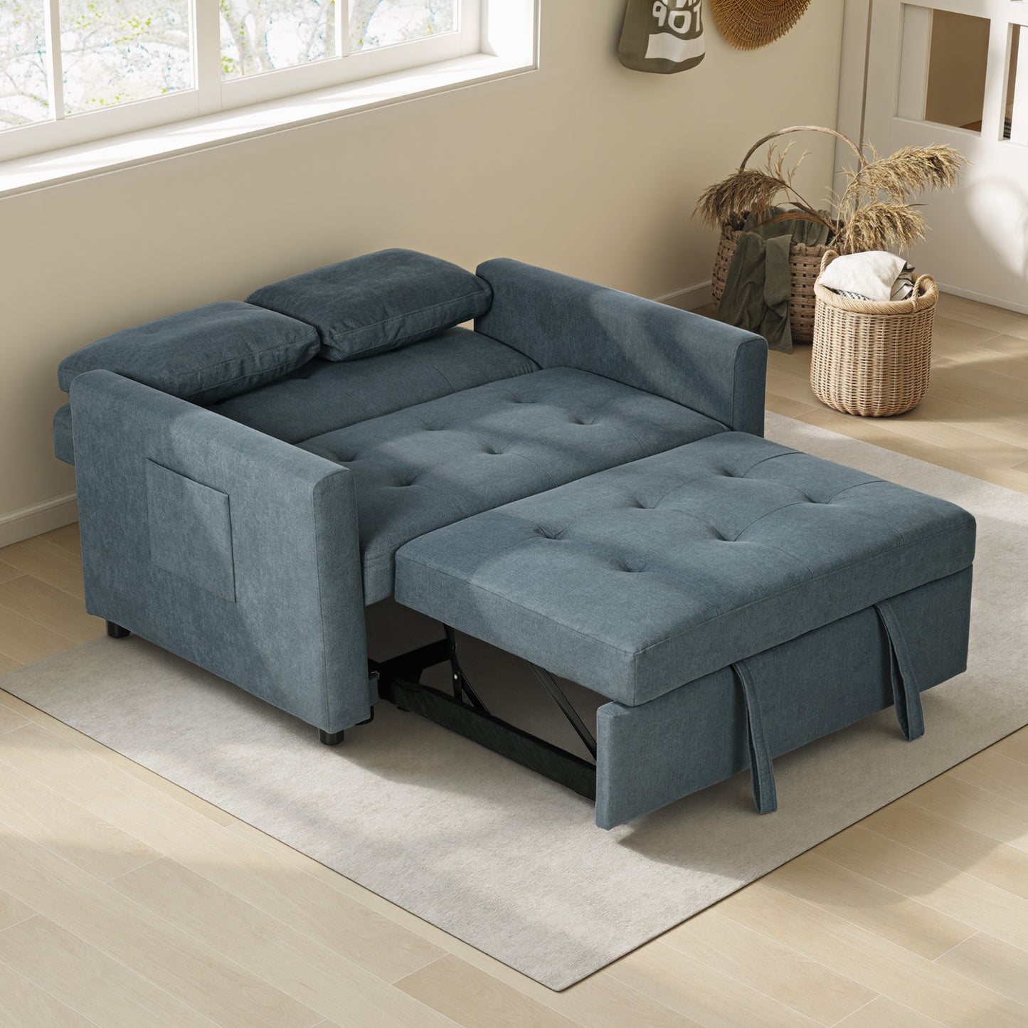 Loveseat Sofa Bed, Convertible Bed Settee with 2 Pillows, Side Pockets, Charcoal Grey