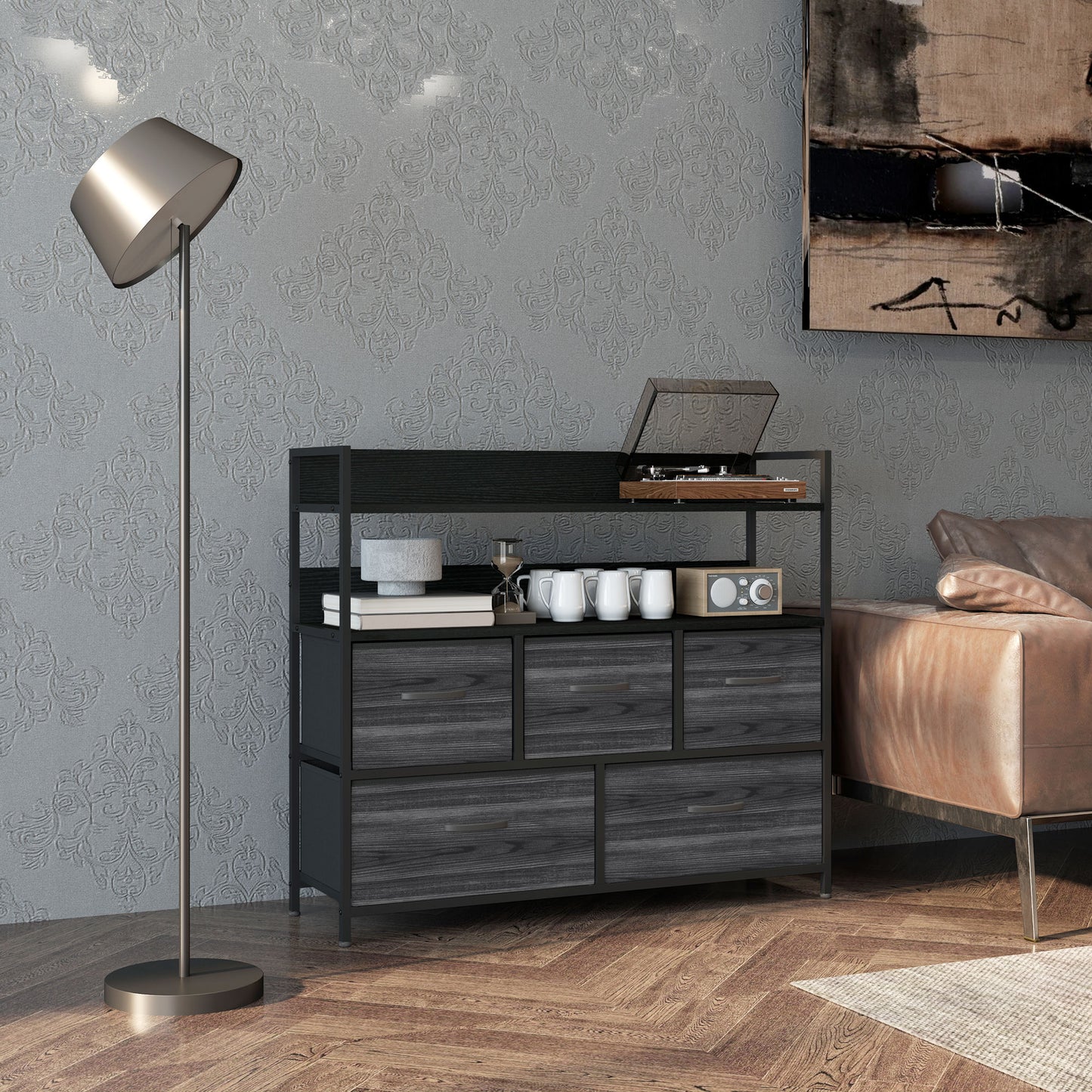 Rustic Chest of Five Fabric Drawers - Black