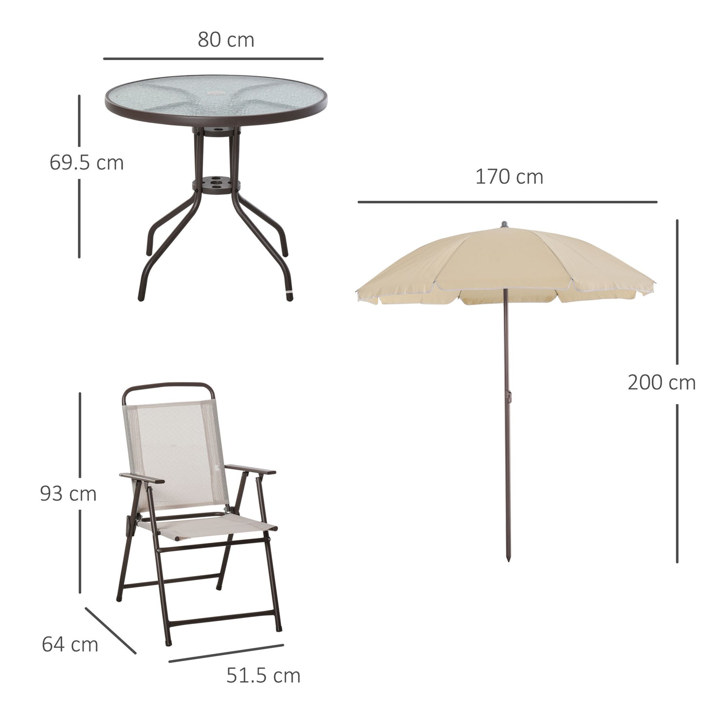 Garden Patio Texteline Folding Chairs Plus Table and Parasol Furniture Bistro Set 6 Pieces - Coffee/Cream