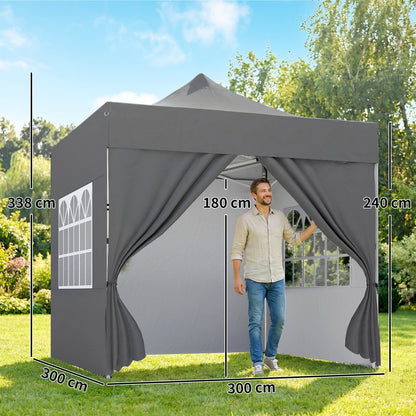 3 x 3 m Pop Up Gazebo with Sidewalls, UPF50+ Heavy Duty Garden Party Tent Marquee with Wheeled Carry Bag, Dark Grey