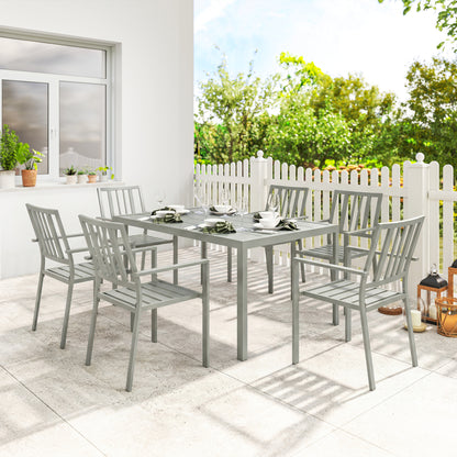 Garden Table and Chairs for 6, 7 Pieces Garden Furniture Set with Table, 6 Stackable Chairs and Umbrella Hole Light Grey