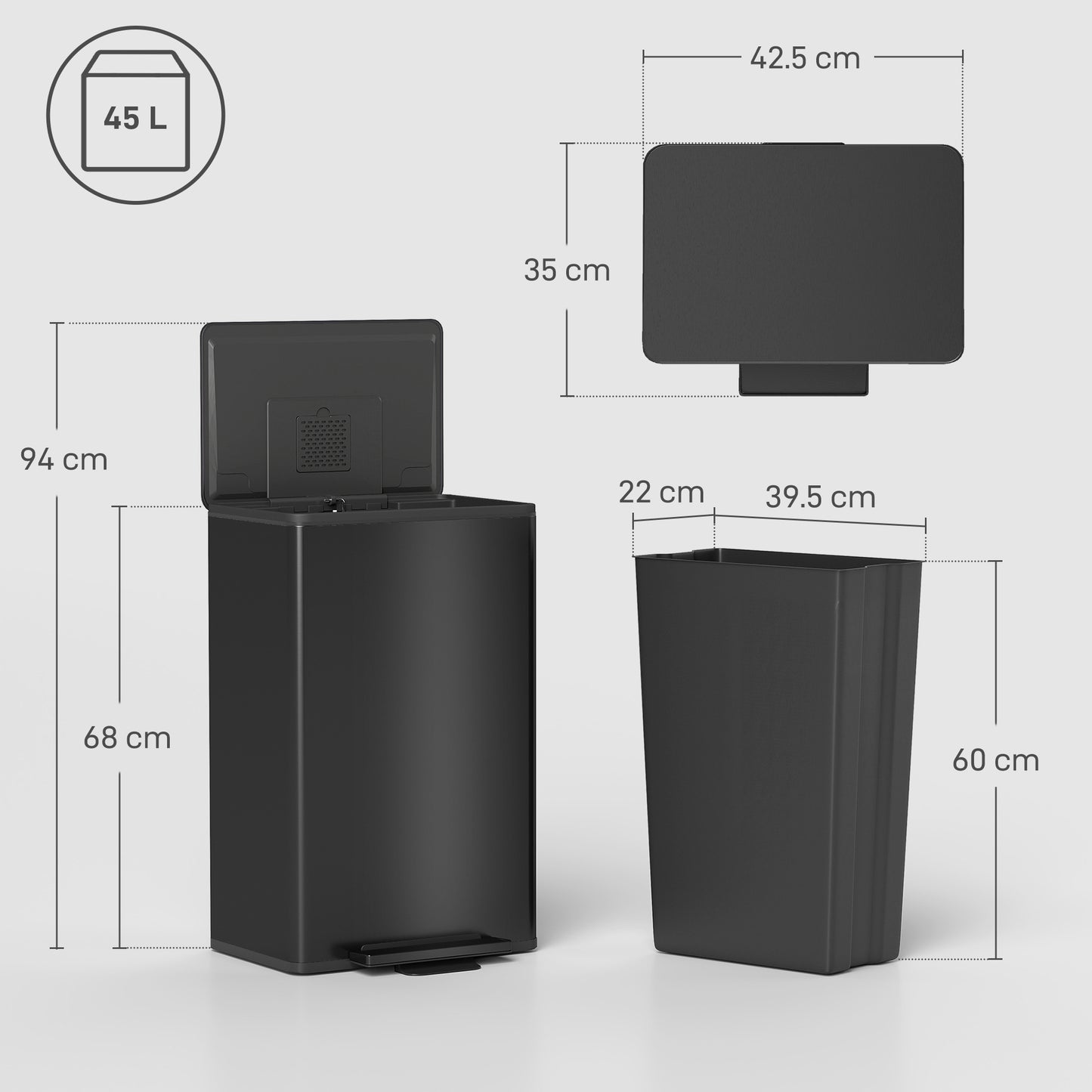 45L Kitchen Bin, Pedal Bin with Soft-Close and Stay-Open Lid, Removable Inner Bucket, Odor Control for Kitchen, Office