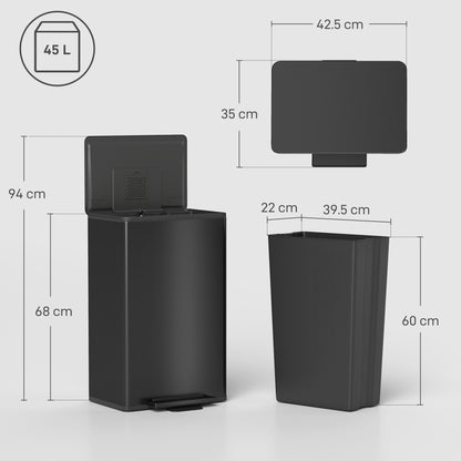 45L Kitchen Bin, Pedal Bin with Soft-Close and Stay-Open Lid, Removable Inner Bucket, Odor Control for Kitchen, Office
