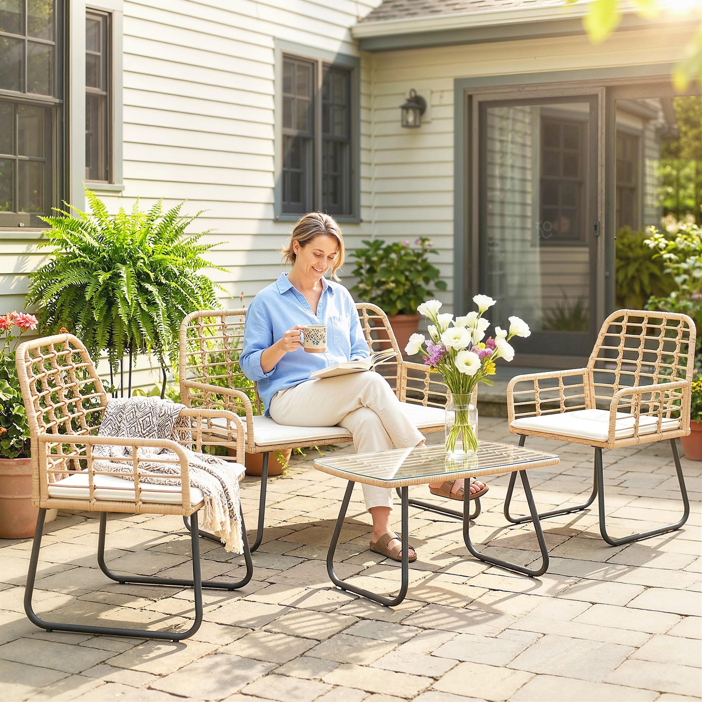4 Piece Rattan Garden Furniture Set, Outdoor Patio Furniture with Loveseat, Armchairs and Coffee Table