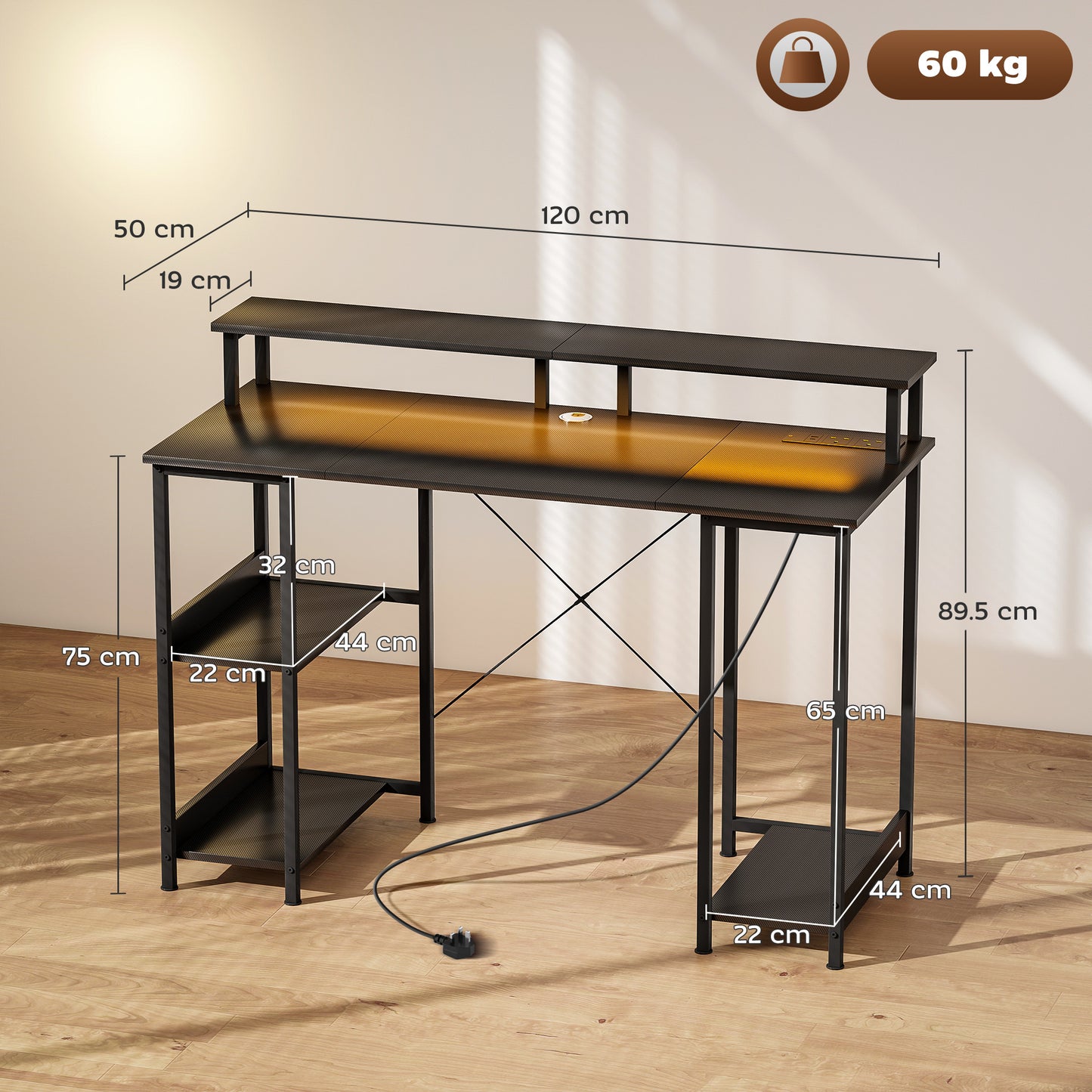 LED Computer Desk, with Power Outlets and Shelves - Carbon Fibre Grey