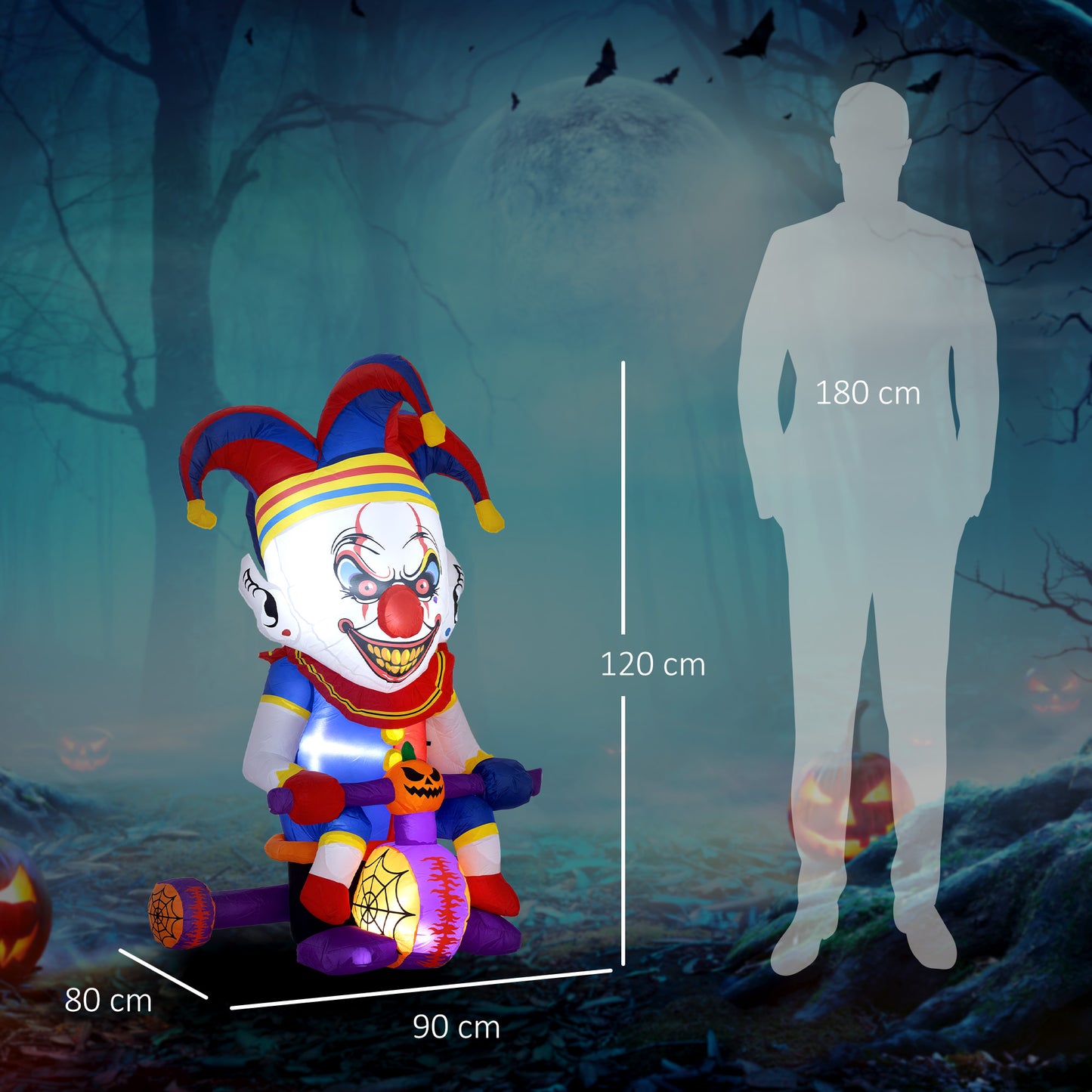 4ft Halloween Inflatable Clown on Bicycle, Blow Up Outdoor Halloween Decoration with 3 Built-in LED Lights for Garden