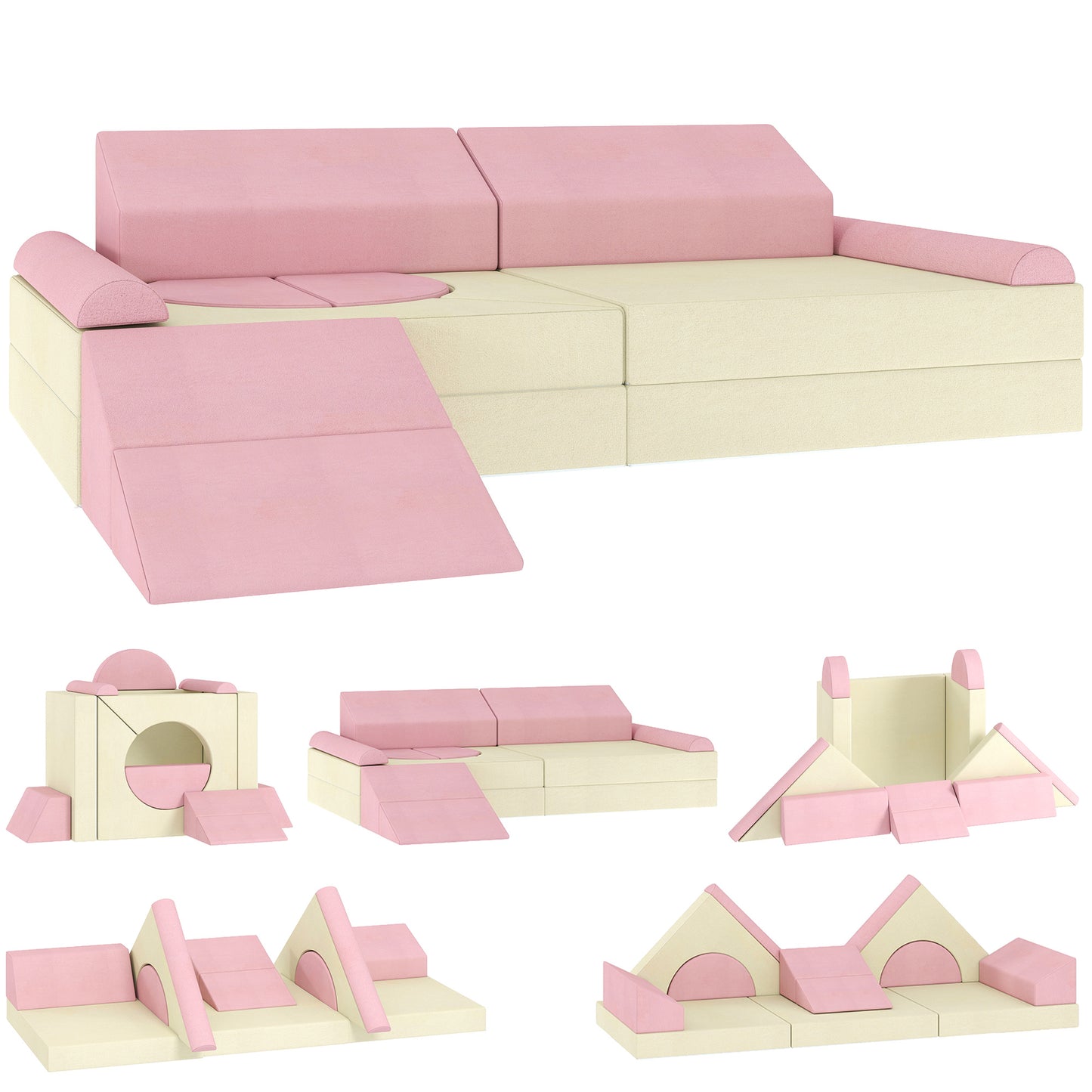 Kids Play Sofa, 12 Pieces Foam Modular Soft Play Set for Playroom, Children Convertible Sofa for Boys and Girls, Pink