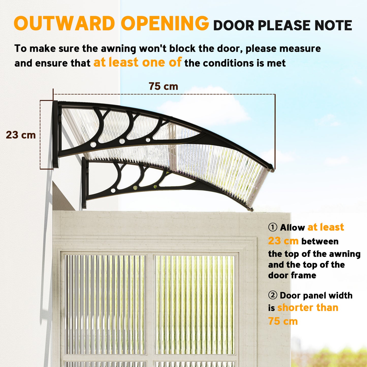 Front Door Canopy Outdoor Awning Aluminium Rigid Plastic Polycarbonate Rain Shelter UV Water Rain Resistant 120 x 75cm White