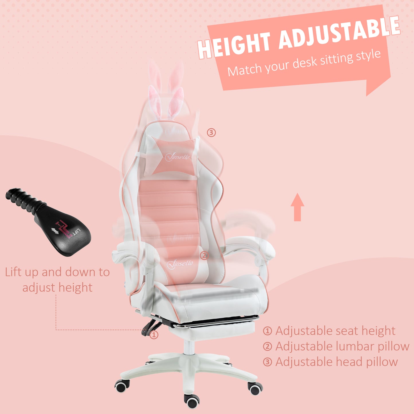 Racing Gaming Chair, Reclining PU Leather Computer Chair with Removable Rabbit Ears, Footrest, Headrest and Lumber Support