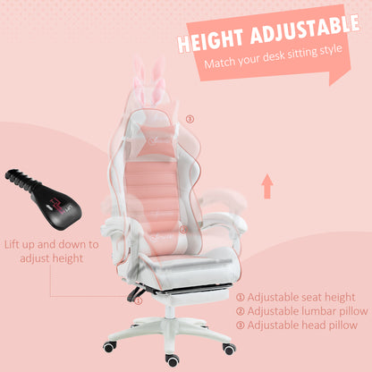 Racing Gaming Chair, Reclining PU Leather Computer Chair with Removable Rabbit Ears, Footrest, Headrest and Lumber Support
