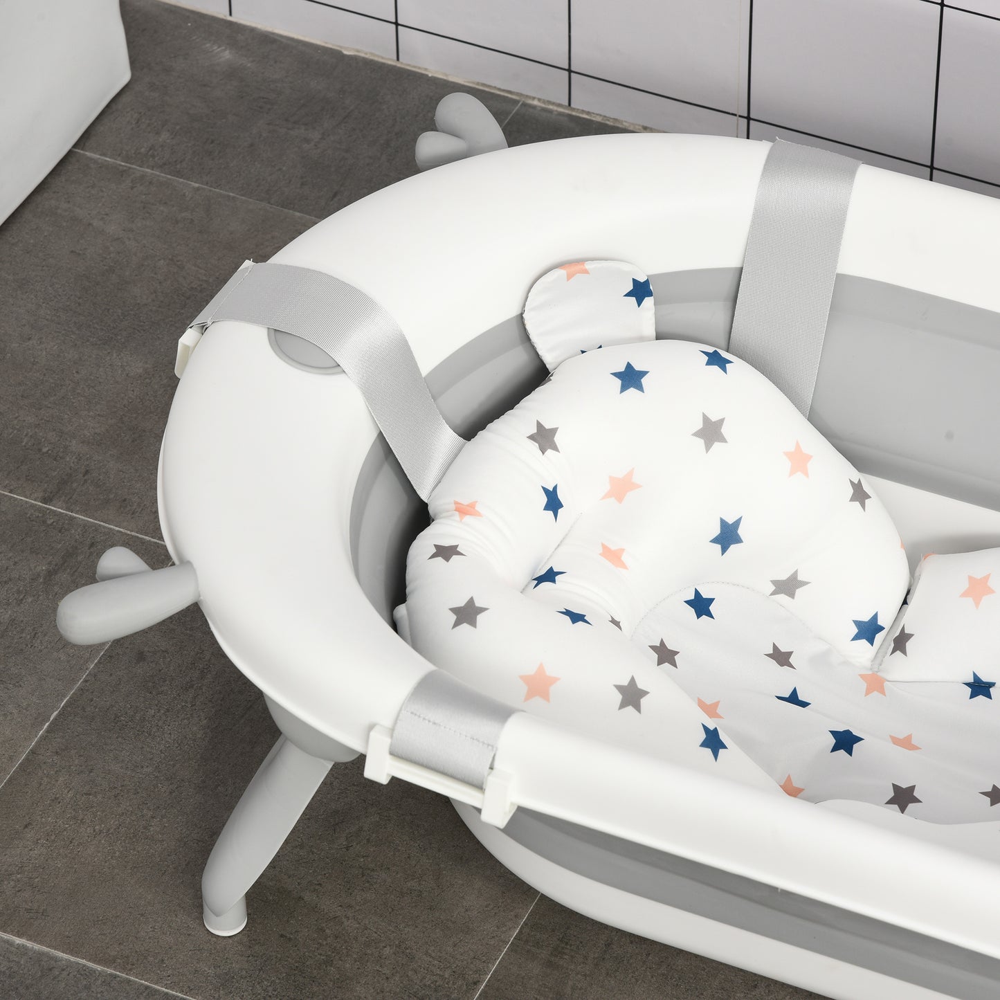 Foldable Baby Bathtub Set, Collapsible Bath Tub with Thermostatic Water Plug, Non-Slip Support, Cushion Pad, Drain Plugs