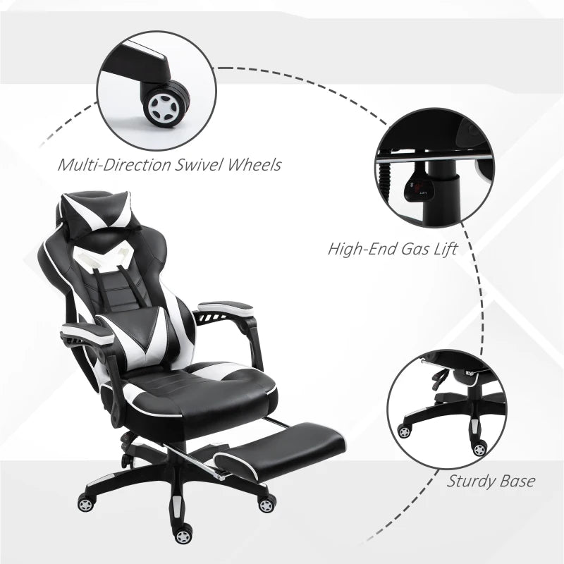 Computer Gaming Chair with Lumbar Support and Footrest - Black / White