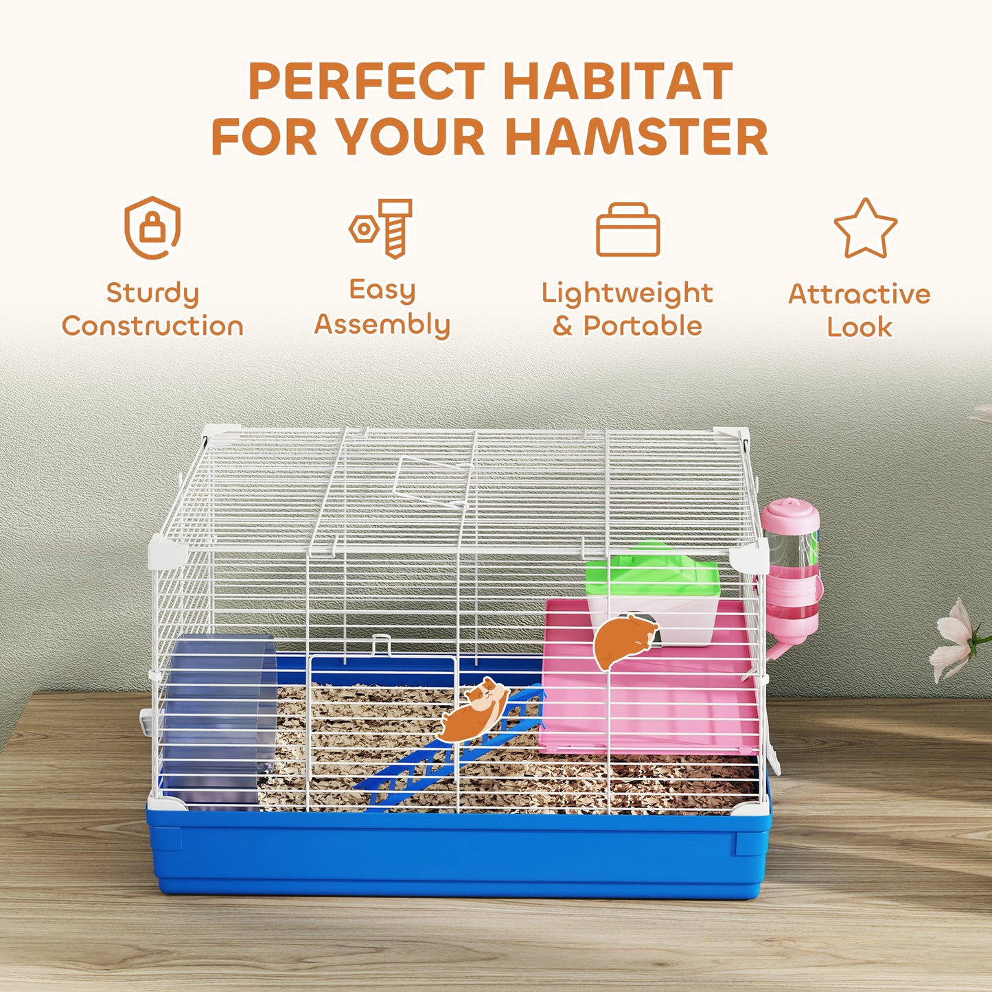 Hamster Cage, Small Gerbil Cage 2 Tiers Portable w/ Handle, Exercise Wheel, Water Bottle, Dishes, Blue