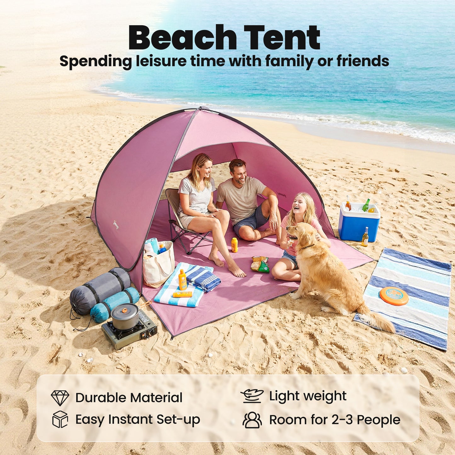 Pop up Beach Tent, UV 50+ Sun Shelter with Carry Bag, 2x1.5m for 2-3 Person, Pink