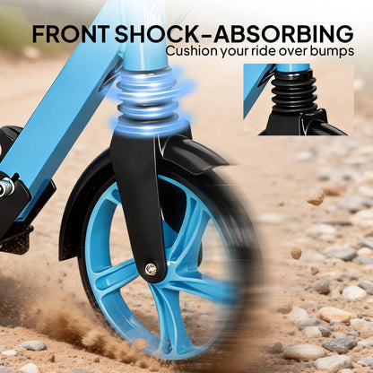 One-click Folding Kick Scooter for 14+ w/ Adjustable Handlebar, Push Scooter with Kickstand, Dual Brake System, Blue