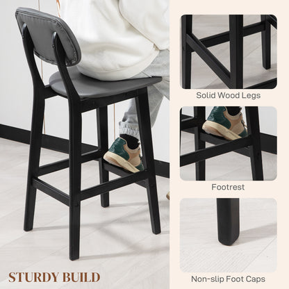 Bar Stools Set of 2, Breakfast Bar Chairs, PU Leather Upholstered Kitchen Stools with Backs, Footrests and Solid Wood Legs