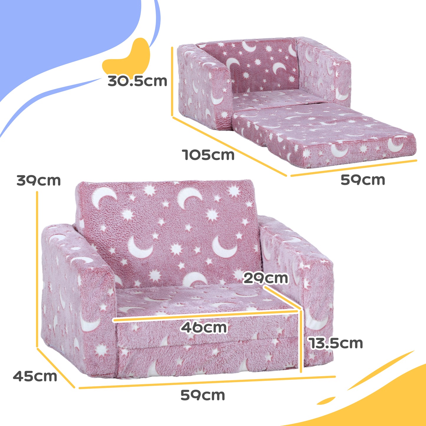 2 in 1 Kids Folding Bed Armchair with Glow in The Dark Cosmic Design, Washable Cushion and Cover, Pink